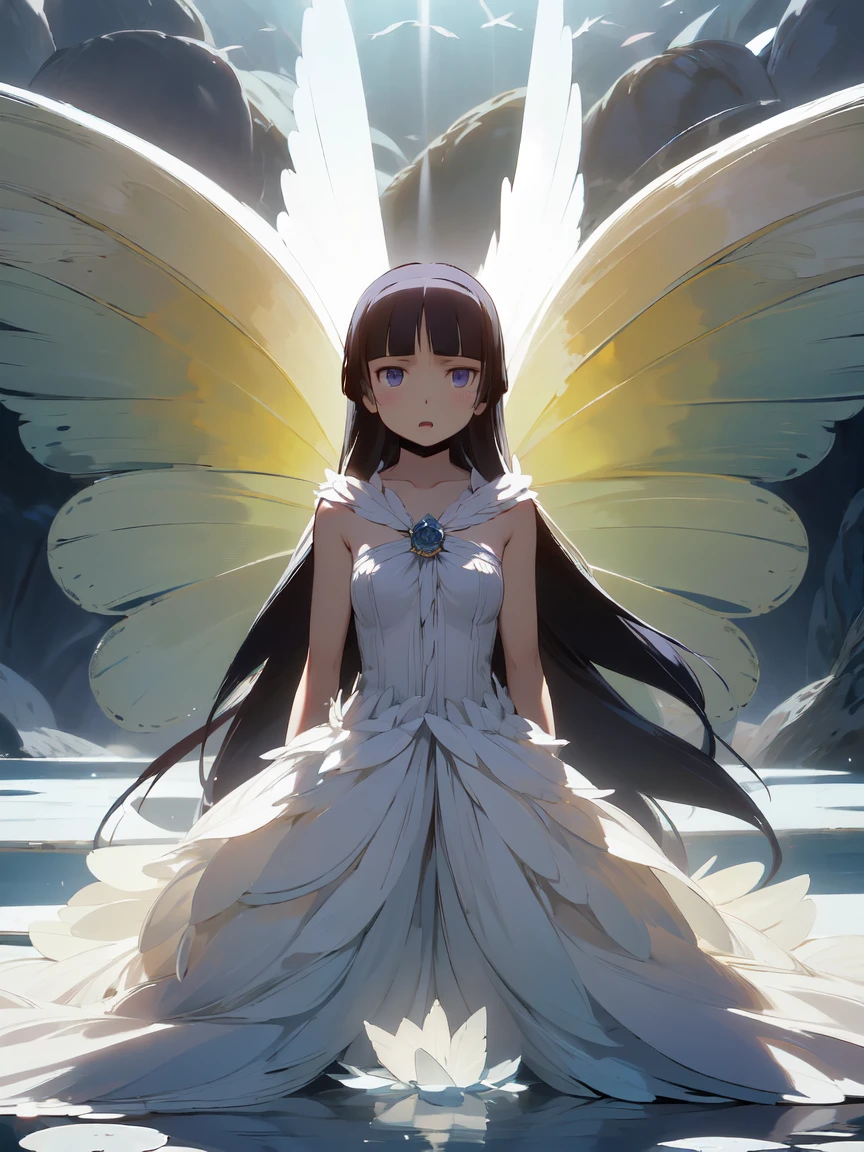 ((Siren)), ((Fairyの翼)), butterfly wings, ((ruri gokou)), girl, alone, Hime cut, Long Hair, Soft Light, Graceful appearance, In the sea, Blue Eyes, Emerald Shades, star々The brilliance, Magical Aura, Fantasy art, Fairy, whole body