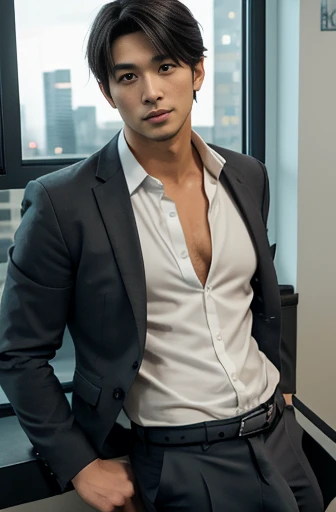 Skyscraper office,The night view can be seen from the window,Japanese man in his 20s,A bold and handsome face,White dress shirt,Show cleavage,Charcoal grey slim trousers,Large crotch bulge,Prominent upward erection