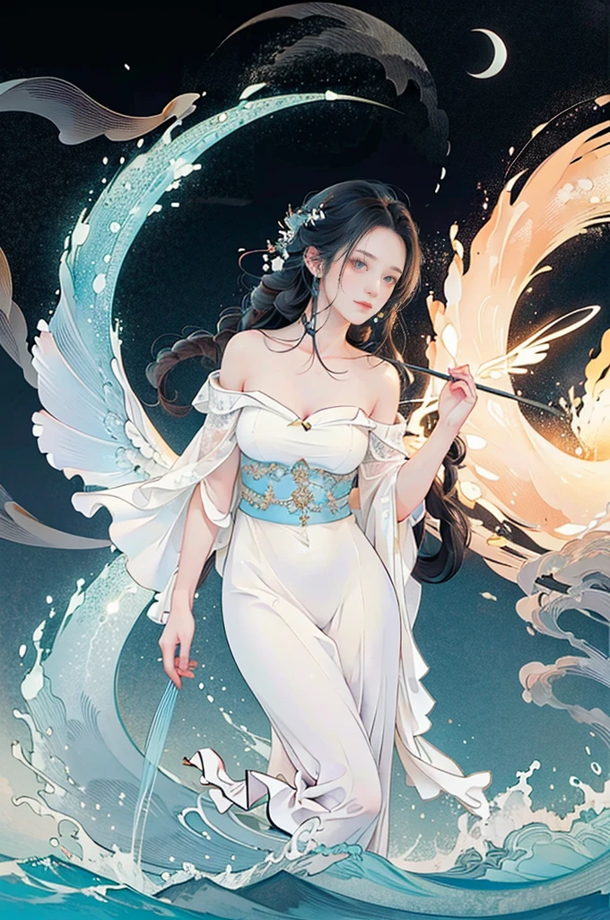 (((best quality))),(((ultra detailed))),(((masterpiece))),illustration, 1girl, mysterious siren, mythological creature, bird-body human-face, beautiful eerie, captivates attention, wings fluttering, fair skin, delicate face, enigmatic allure, long hair swaying, lightweight white leather dress, slender figure, hem fluttering, starry eyes, slight upturned smile, ancient secret whispering, boiling moonlight sea, shimmering water, tragic love, ships in distance, beauty and danger, enchanting song, love adventure tale, dreamlike atmosphere