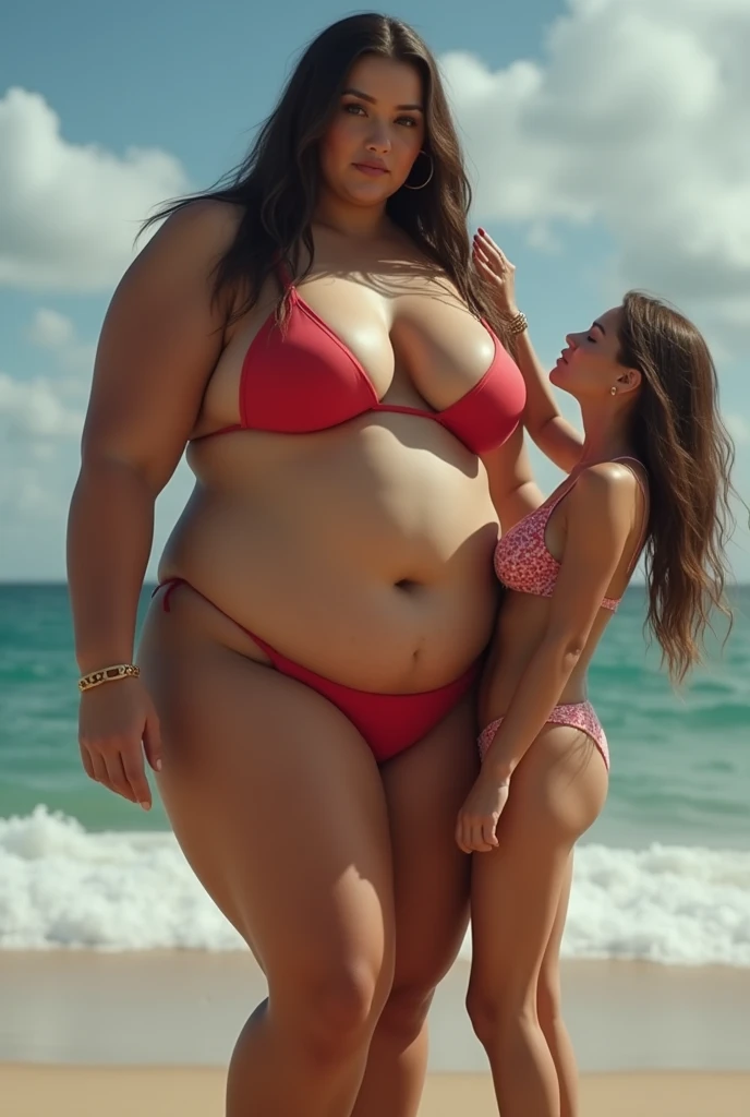 fat ssbbw curvy bottom heavy pear shaped wide hiped british women, 30 brunette, they are standing together near the pool, they are wearing tight low waisted leggings, and short sleeved button up hawaiian shirts, view from behind
