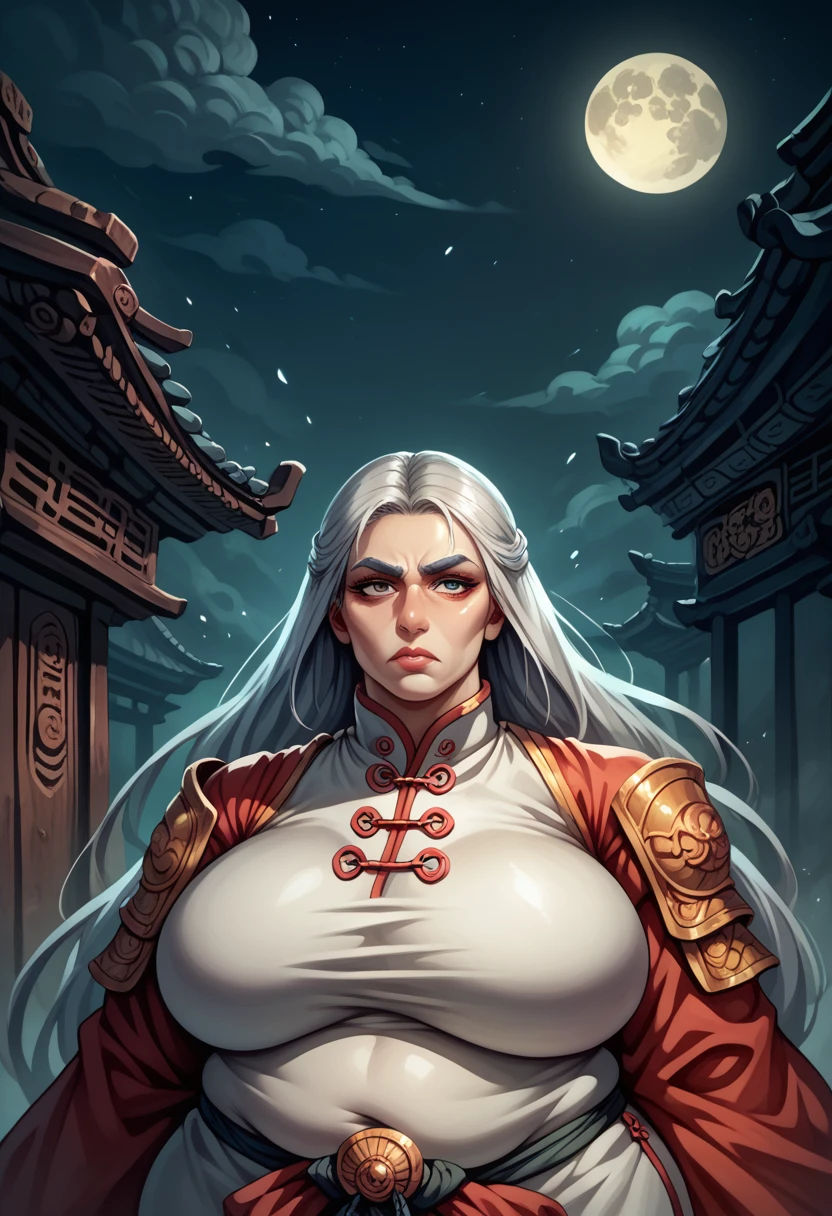 Masterpiece, Best, Night, Full Moon, 1 Female, Mature Woman, Chinese Style, Ancient China, Elder Sister, Royal Sister, Cold Face, Expressionless, Silver White Long Haired Woman, Light Pink Lips, Calm, Intellectual, Three Bangs, Gray Hitomi, Assassin, Long Sword, Swordsman, Fighting, Street View, Facial Details, obese venus body