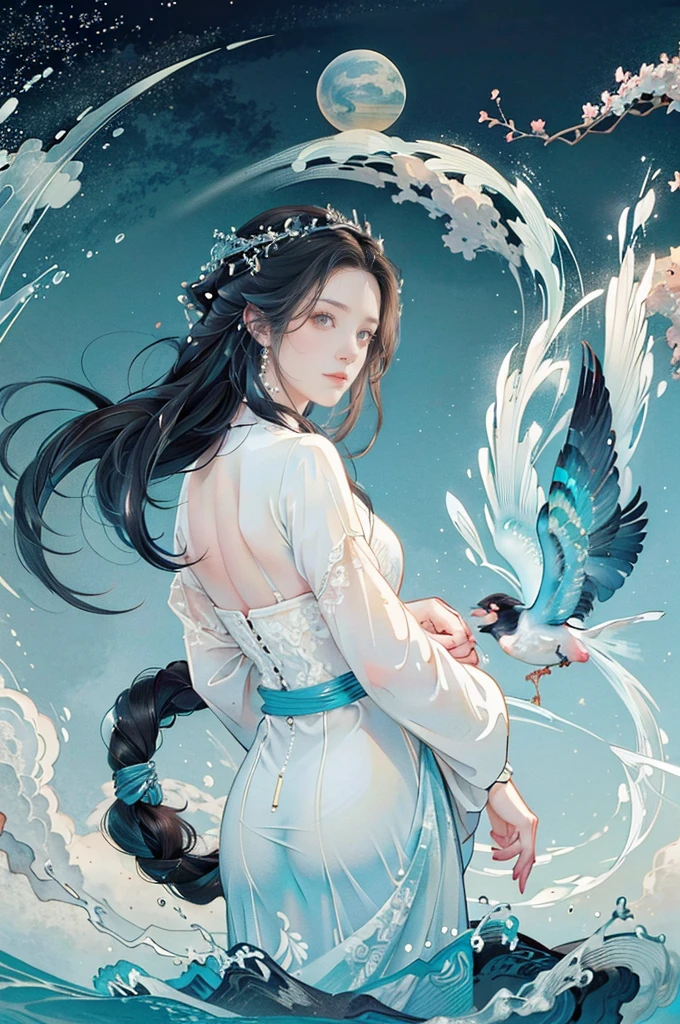 (((best quality))),(((ultra detailed))),(((masterpiece))),illustration, 1girl, mysterious siren, mythological creature, bird-body human-face, beautiful eerie, captivates attention, wings fluttering, fair skin, delicate face, enigmatic allure, long hair swaying, lightweight white leather dress, slender figure, hem fluttering, starry eyes, slight upturned smile, ancient secret whispering, boiling moonlight sea, shimmering water, tragic love, ships in distance, beauty and danger, enchanting song, love adventure tale, dreamlike atmosphere