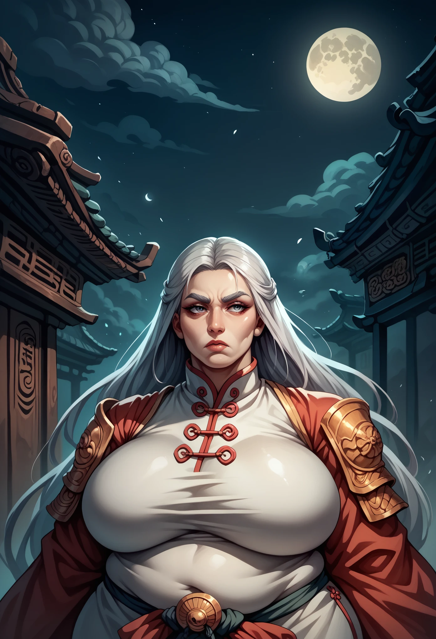Masterpiece, Best, Night, Full Moon, 1 Female, Mature Woman, Chinese Style, Ancient China, Elder Sister, Royal Sister, Cold Face, Expressionless, Silver White Long Haired Woman, Light Pink Lips, Calm, Intellectual, Three Bangs, Gray Hitomi, Assassin, Long Sword, Swordsman, Fighting, Street View, Facial Details, obese venus body