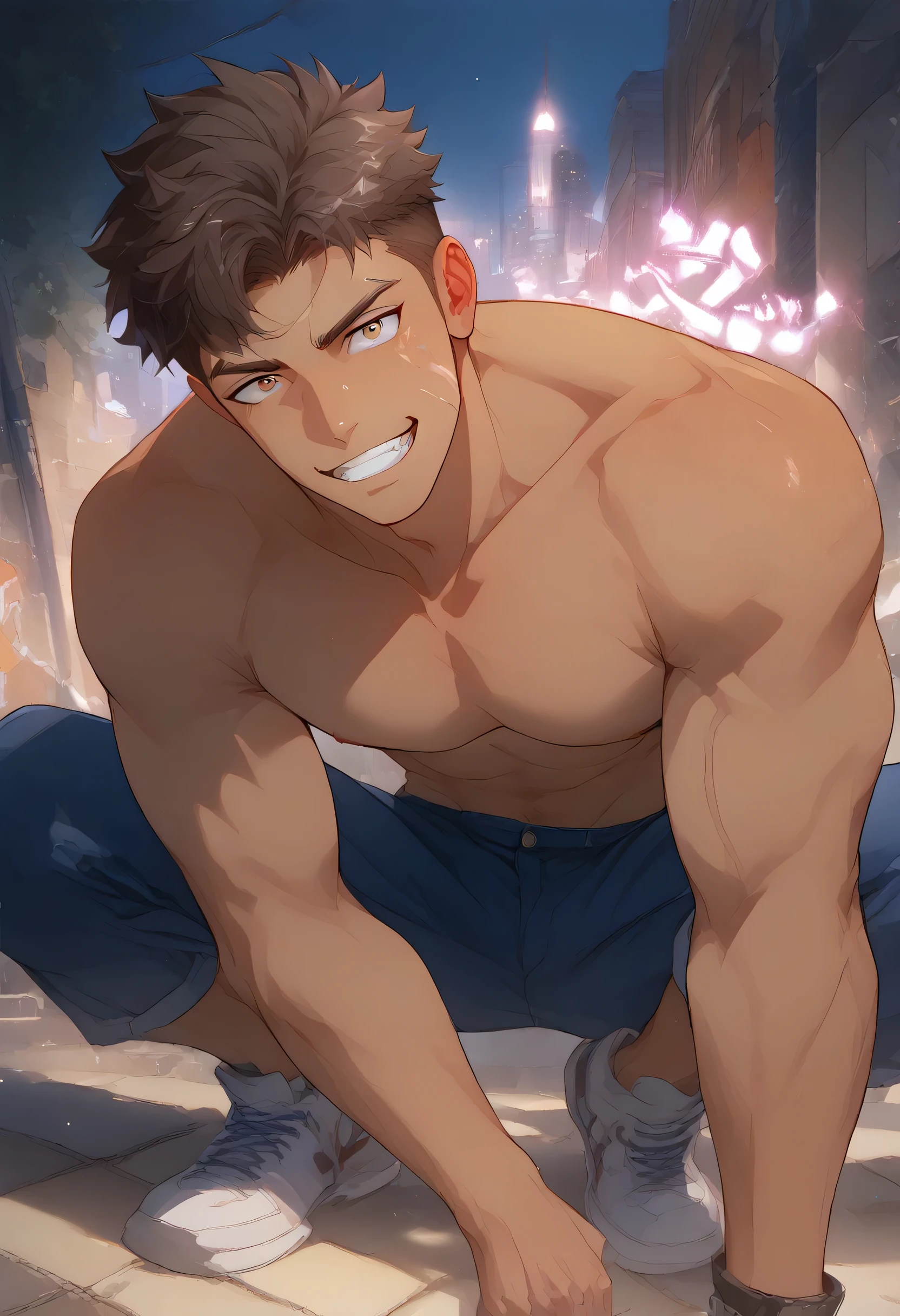 score_9, score_8_up, score_7_up, source anime, yaoi, gay, nsfw, year 2023,
1boy, male focus, solo, dark skin, dark-skinned male, brown hair, undercut, brown eyes, very short hair, shirtless, topless male, blue pants, grin, 
hud_sh03_sh0w, foreshortening, looking at viewer, sneakers,
urban graffiti background, city, g0thicPXL, glowing, neon, 
best quality, amazing quality, best aesthetic, absurdres