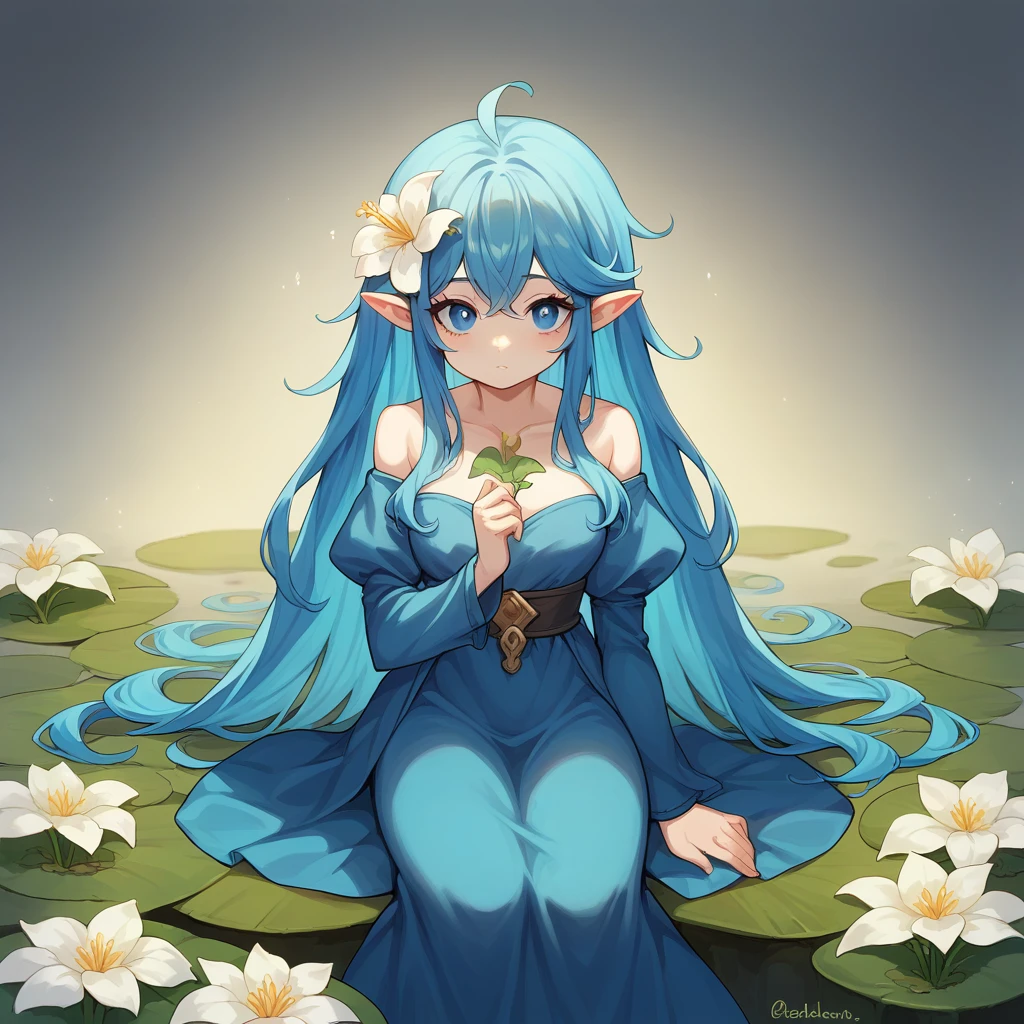 1girl, Solo, Long Hair, Looking at viewer, Blue Hair, Pointy Ears, Blue Eyes, Plant Mutant, Flowers in hair, Blue fingers,

- **Hair**: Long, flowing blue hair that resembles water intertwined with lily pads, and seaweed. 
- **Eyes**: Deep blue, flecked with gold.
- **Skin**: Pale,
- **Clothing**: Flora’s costume is made of living plants—her top and skirt are composed of seaweed, and other water related plants,  She wears minimal footwear, preferring to feel the earth beneath her feet.