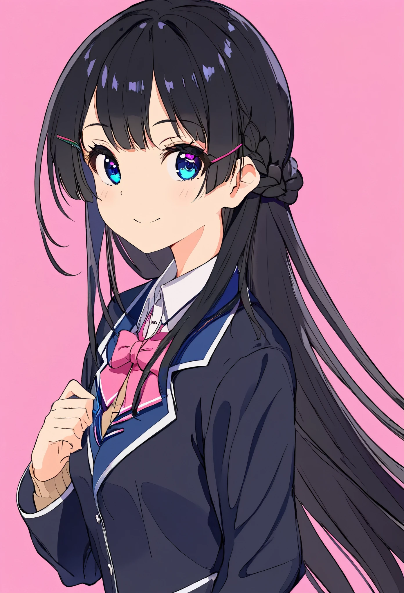 ((masterpiece)), (((Highest quality))), ((Very detailed)),Adorable、 colorful, High resolution, smile、One girl, Black Hair，Braided Hair、hairpin、beautiful dark blue eyes，alone，Long Hair、mini skirt, Black Uniform，Blue collar、Pink ribbon、可Adorable顔立ち、Perfect Face、Pink solid background、  Upper Body