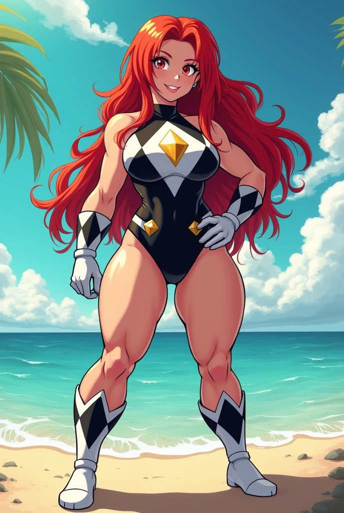 muscular, large breasts, toned body, 1 girl, ginger hair, pale skin, blue eyes, very long hair (at the tropical beach) looking at viewer close up batgirl (with batman insignia) bathing suit, pinup poses
