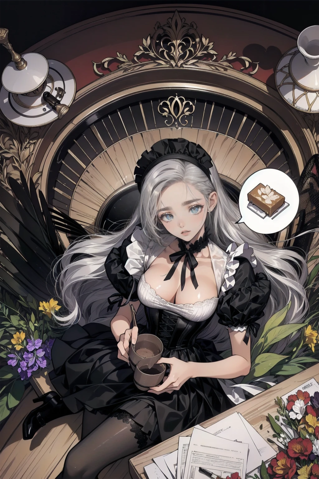 Young and beautiful woman,(Highest quality,Extremely detailed depiction,Incredible high resolution,Anatomically accurate depiction,Curvy Legs,Glowing Skin,Porcelain-like skin),(Black and white gothic maid outfit,Maid Skirt,corset,black tights,High heels),eyelash,(Silver Hair,Iris,Crazy Eyes,Eyes half closed:1.5,Boring appearance,Large Breasts,shiny black lips:1.2,Heavy makeup,holding a ceramic pot:1.3),Sweat:0.8,(whole body),background:Hall of Mirrors,From above:1.2