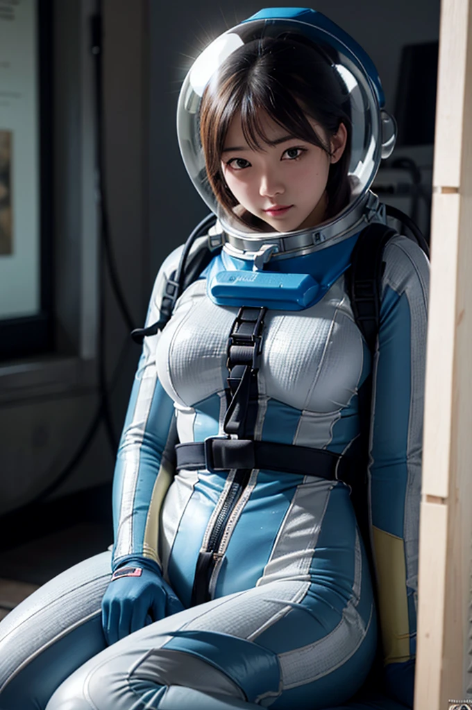 (8k, RAW photo, best quality, masterpiece), (photorealistic), outstanding details, ultra-high resolution, anatomically correct, textured skin, space helmet, helmet, bodysuit, diving lama
room, upper body
(Cute Japanese girl , 20-year-old),   sitting