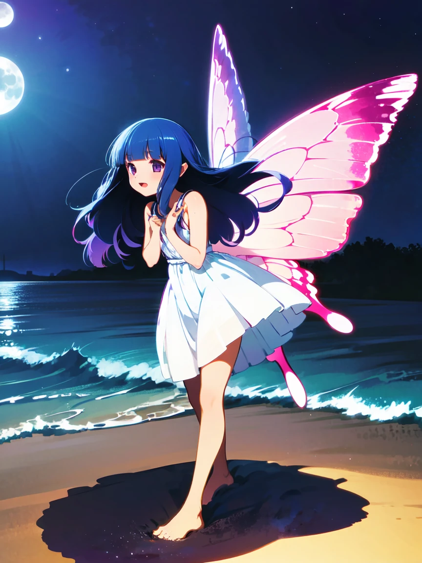 ((Siren)), ((Fairy Wings)), butterfly wings, One girl, alone, Blue Hair, Purple eyes, Long Hair, blunt bangs, bangs, １１age, Soft Light, White sand beach, Sea foam, Under the moonlight, Soft Breeze, Flowing Dress, whole body