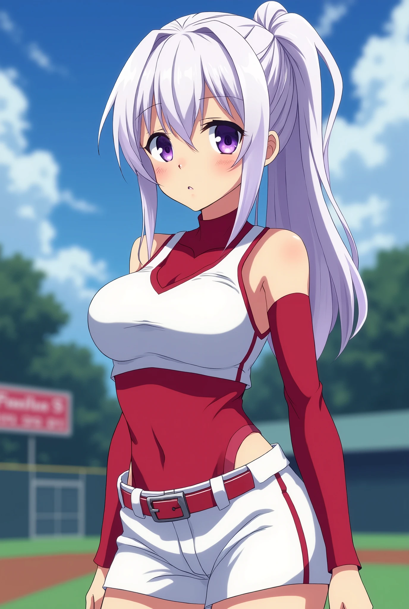 best quality, high resolution, large breasts, white hair, blush, embarrassed, cowboy shot, looking at viewer, Boosette, pink lip, (((sport outfit)))