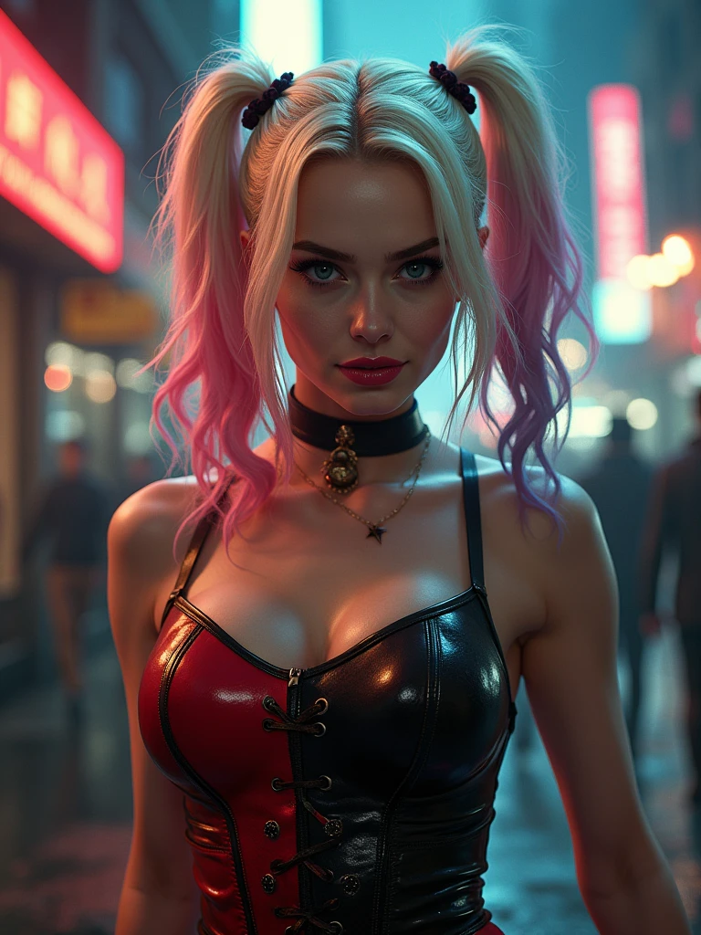 new york, time square, Harley Quinn, also known as Harley Quinn, is an iconic character from DC Comics. She is a former psychiatrist named Harleen Quinzel, who has become a criminal in love with the Joker. With her eccentric look, which mixes vibrant colors and a manic smile, Harley Quinn is known for her chaotic humor and unpredictable personality. She is an antihero, often fighting alongside villains, but also occasionally redeeming herself and collaborating with heroes. Her tumultuous relationship with the Joker is a key part of her story, while her intelligence and combat skills make her a fascinating and complex character in the DC universe, (Slender Body:1.5), (Minimum Clothing:1.5), (Large Breasts: 1.5), (hanging breasts: 1.5), (disproportionate breasts: 1.4), (realism:1.4), (Realisitc:1.4), (Absurd:1.4), 8k, ultra-detailed, detailed pretty face,(only:1.4) , 1girl, (Viewer facing:1.2), Intricate body details, (Curvy:1.3),( short:1.3)