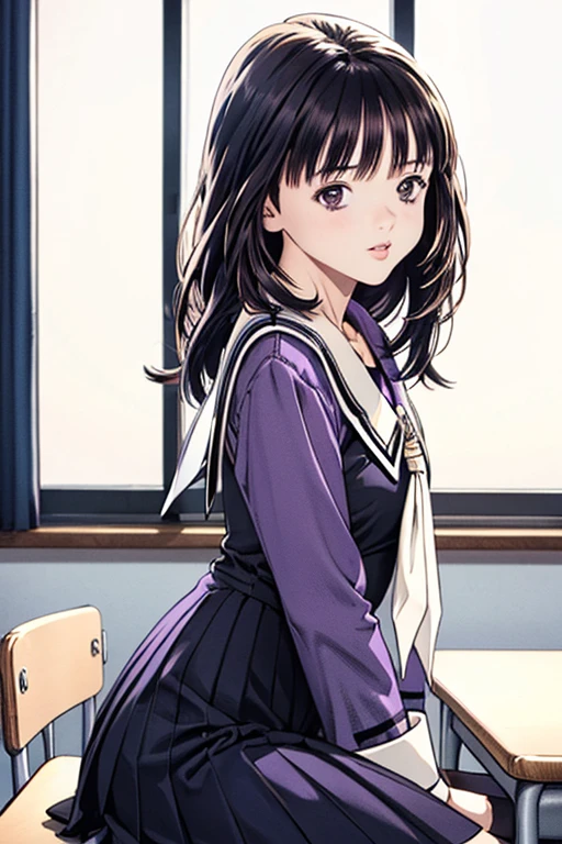 (8K、top-quality、​masterpiece:1.2)、(realisitic、ultra-detailliert、超A high resolution、beautifull detailed face,perfect body,(1girl,black long hair),(school uniform,sailor suit,purple shirts,navy skirt,white tie),sitting on desk,knees to chest,cleavage,in classroom,pov,from side