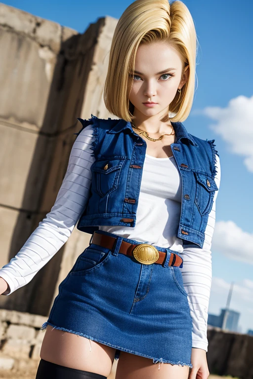 Android 18, realist 1.5, olhos detalhado, cabelo curto loiro, blue colored eyes, waist belt, booties, tight blue denim skirt, golden necklace, black jersey, shorth hair, long striped sleeves, aretes, open vest, denim vest, medium breasts, photo the cowboy, CityView, facing the front, (climate: windy), cute smile, long tights, battle ruins, (RAW Photos, 8k Ultra HD, film grain)