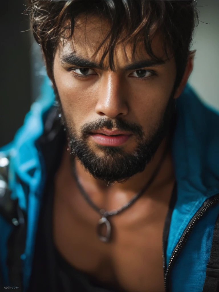 photo of a man wearing a worn (mech suit), (30 years old), chiseled jaw, (rusted metal), sharp focus, photo by mark henderson, soft lighting, vibrant colors, (glowing blue robot eyes), face portrait, (extreme close up of face:1.3), upper chest, science fiction, (large-muscles), (large pectorals), (puffy nipples), beard, dynamic angle, (angry), cinematic photography,, realistic, masterpiece, intricate details, detailed background, depth of field, dynamic pose
