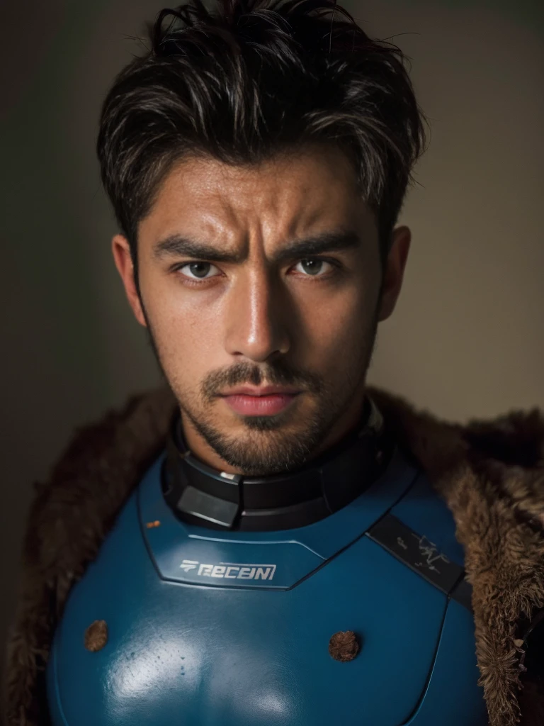 photo of a man wearing a worn (mech suit), (30 years old), chiseled jaw, (rusted metal), sharp focus, photo by mark henderson, soft lighting, vibrant colors, (glowing blue robot eyes), face portrait, (extreme close up of face:1.3), upper chest, science fiction, (large-muscles), (large pectorals), (puffy nipples), beard, dynamic angle, (angry), cinematic photography,, realistic, masterpiece, intricate details, detailed background, depth of field, dynamic pose
