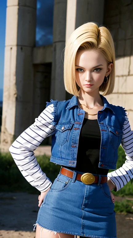 Android 18, realist 1.5, olhos detalhado, cabelo curto loiro, blue colored eyes, waist belt, booties, tight blue denim skirt, golden necklace, black jersey, shorth hair, long striped sleeves, aretes, open vest, denim vest, medium breasts, photo the cowboy, CityView, facing the front, (climate: windy), cute smile, long tights, battle ruins, (RAW Photos, 8k Ultra HD, film grain)