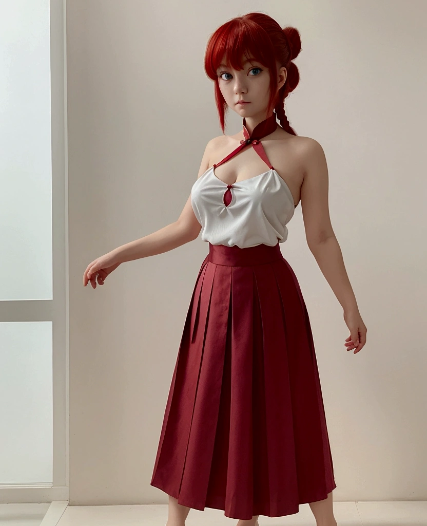 ((RAW photo), absurd, (absurdresolution)), 21 year old young woman with pinkish-red hair, hair tied up (brown string shirt posing, straight skirt, red fluffy socks), (the most beautiful girl, the prettiest sexy woman face), (cyan eyes), (standing sexy pose, very pretty, room with flashy accessories, selfie type photo), vivid, intense colors, captivating woman, light sensuality,