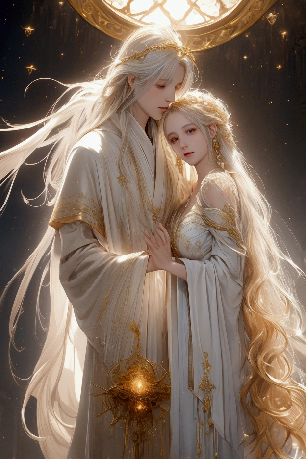 A heavenly scene inspired by Dante's "Divine Comedy," depicting Beatrice, the ethereal guide leading Dante to heaven. Beatrice has long, flowing golden hair, shining with a soft, divine light. She is dressed in a white, flowing gown adorned with intricate, golden patterns that symbolize purity and holiness. Her expression is serene and compassionate, her eyes filled with a gentle, guiding light. Beatrice is gracefully extending her hand toward Dante, offering to guide him towards the celestial realms. The background features a radiant, celestial sky filled with soft clouds and a warm, golden light that emanates from above, creating a sense of divine presence and holiness.