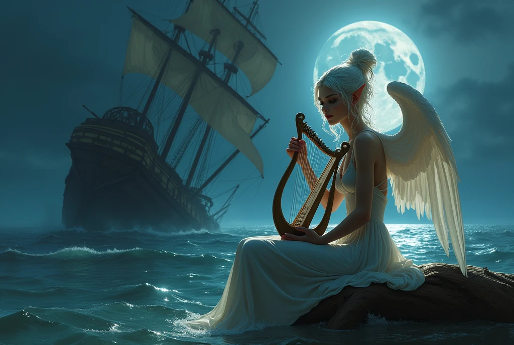 White elf woman、Female elf with wings on her back、A large sailing ship capsizes and sinks、A large sailing ship that is completely destroyed and sinks、Sitting on a piece of wood and playing the lyre、Sharp Eyes、smile、Backlight、The sea reflecting the moonlight、Dark night sky、