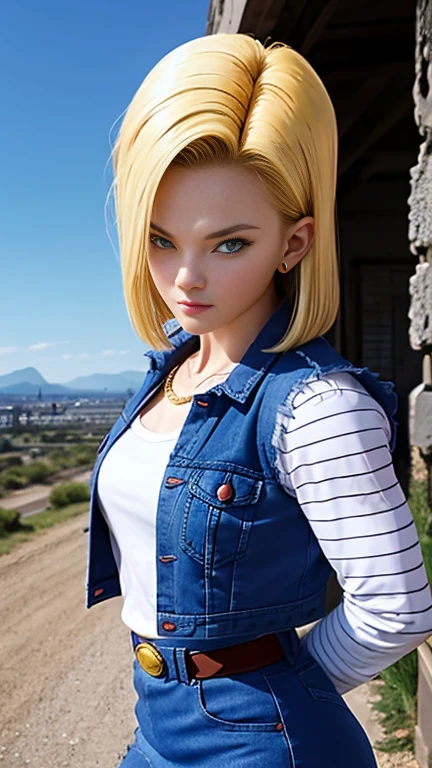 Android 18, realist 1.5, olhos detalhado, cabelo curto loiro, blue colored eyes, waist belt, booties, tight blue denim skirt, golden necklace, black jersey, shorth hair, long striped sleeves, aretes, open vest, denim vest, medium breasts, photo the cowboy, CityView, facing the front, (climate: windy), cute smile, long tights, battle ruins, (RAW Photos, 8k Ultra HD, film grain)