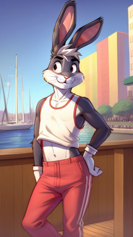 Best quality, Super detailed illustration, (furry rabbit gay boy:1.4), gay femboy, masculine face and body, rabbit tail, disheveled thick white hair, dark brown fur, two-tone dark brown fur, white and pink striped outfit, red pants, smug smile, half-closed detailed eyes, against the background of the harbor, gay male, small waist, wide hips, slim, perfect body, style