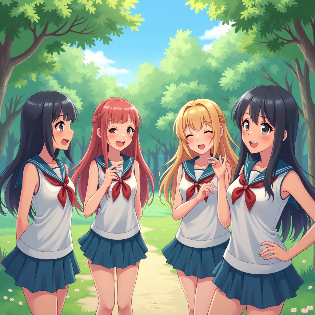 (masterpiece:1.2, best quality), (highly detailed:1.3), detailed faces, perfect eyes, multiple girls, five girls, girls, school uniform, upskirt, white panties, in a forest lake, fun, bright