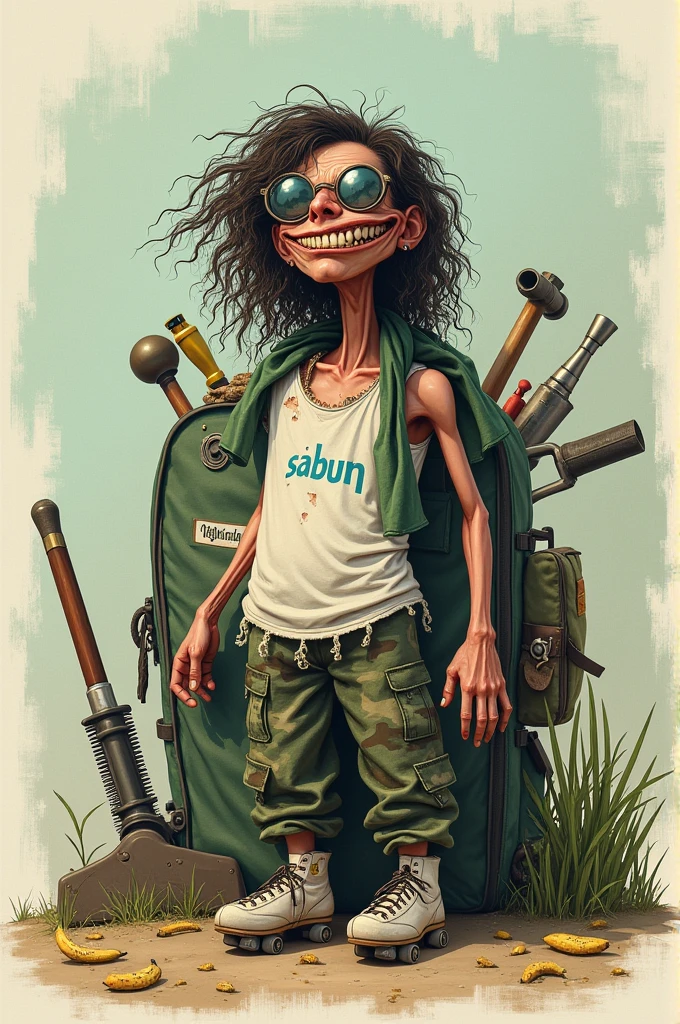 A boy with no hair, a skinny and sick body and a backpack full of various things