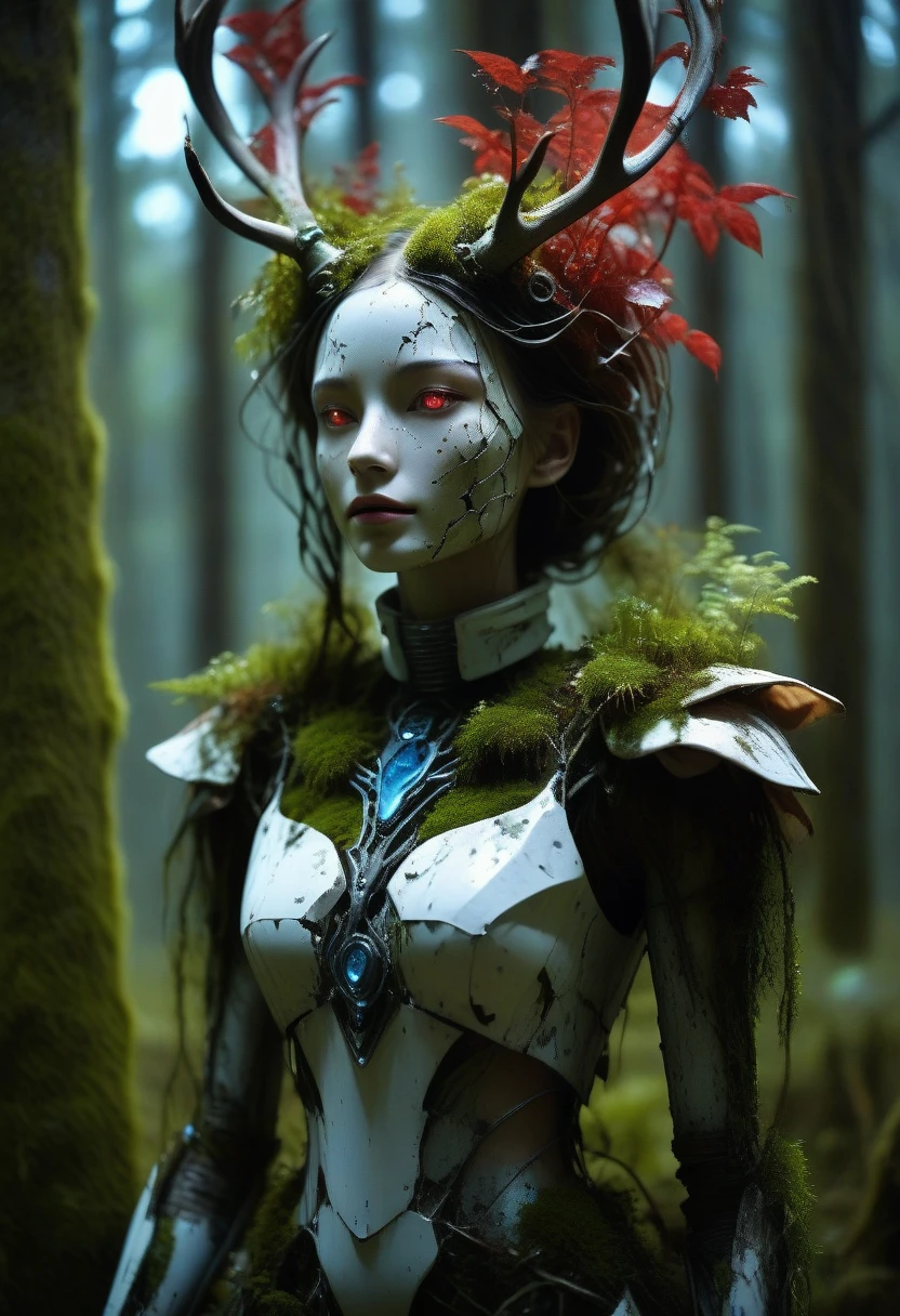 A shattered female humanoid robot,At night, A light shone on her, dented, Scratched, Peeling paint peeling, In an abandoned indoor room, Moss and fungi, It used to be beautiful,An artistic photo,full bodyesbian,(Remote shooting:1.4),Close-up 50mm F/1.3,White dragon plant girl, Girl made from dead plants,A girl made of red plants,forest,plant,deer antlers