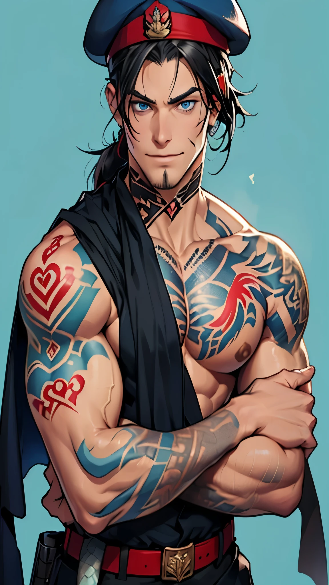 ((Detailed face)),((Mucha's style)),(vulgar),(portrait),,blue hair,side ponytail,(arms behind back:1.2),((addiction to sex))((light-armed man warrior)),Well-developed pectoral muscles,(high position:1.6)
