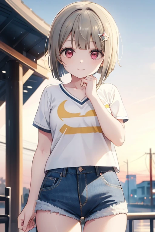 One Girl, Cowboy Shot, High resolution, smile, Highest quality, masterpiece, Tan Hair，Bobcut，short hair，ワンレングスBobcut，Asymmetrical hair，Long left bangs，Red Eye,nakasu kasumi，Denim shorts，Red and white striped patternＴshirt，Modest size chest，Crescent-shaped hair ornament on the left，Outdoor，whole body