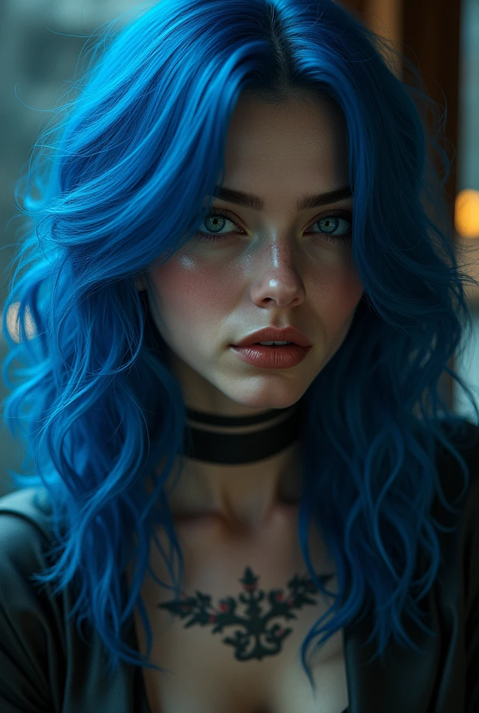 bluee hair (mejor iluminacion, mejor sombra, Obra maestra, alta calidad), vistoso, dynamic, gothic feeling, muchos colores brillantes, hermosa mujer con ropa ligera de verano, cabello suelto, sentada, cara triste, mirando a la camara. lagrimas en su rostro