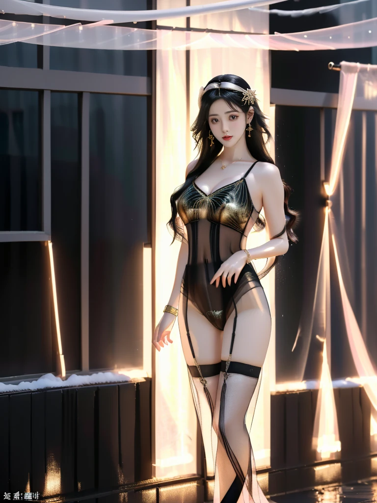 Cover your breasts with a big bow bra，silver high heels，long hair，pure desire，Stockings two legs