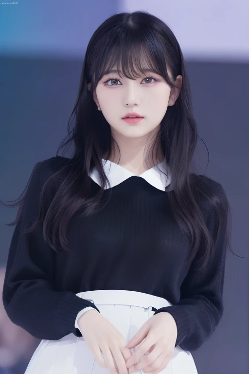 bangs bangs、20-year-old woman、portrait photography、long black hair、wear a plain sweater、masterpiece,(realistic), High-definition CG integrated 8K wallpaper, (headquarters skin:1.2),8K  UHD, Digital single-lens reflex camera, high quality, 1 girl, 20-year-old, dance on stage)), black eyes, beautiful and detailed eyes, (real skin), beautiful skin, Charm, 超High resolution, ultra-realistic,High resolution,