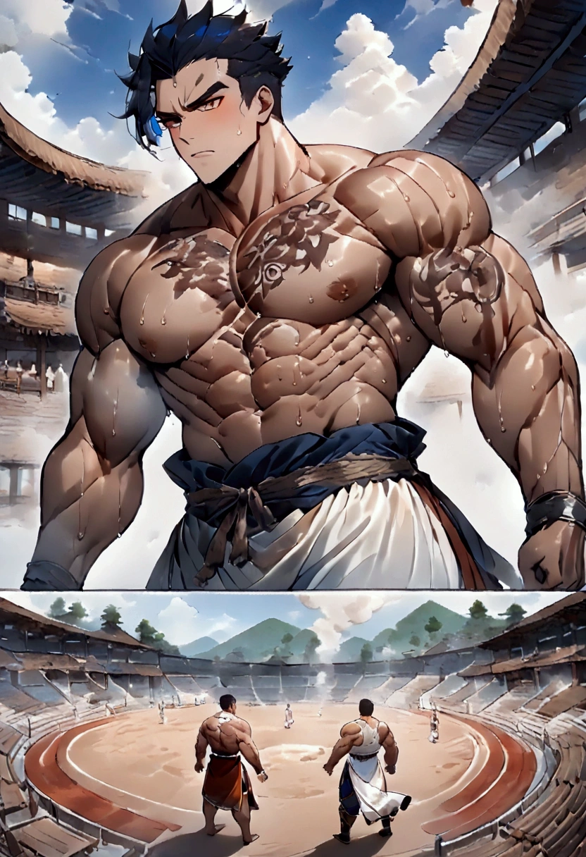 Best quality, masterpiece, ((gay, homoerotic)), restaurant, surrounded by men, crowded restaurant, crowded, ((focus male, shibari, rope, restrained, bondage, arms up, hairy armpits, legs up, visible anus, anal gape, legs spread)), (1boy, a 30yo scruffy spanish man, messy hair, messy beard, skimpy warrior clothes, angry, tongue out, bruise , drool, blush, fundoshi aside, chest harness, large pectorals, large penis, large testicles, japanese festival, on top of table, bukkake, detailed background, food, japanese food, excessive pubic hair, excessive cum, low angle, closeup