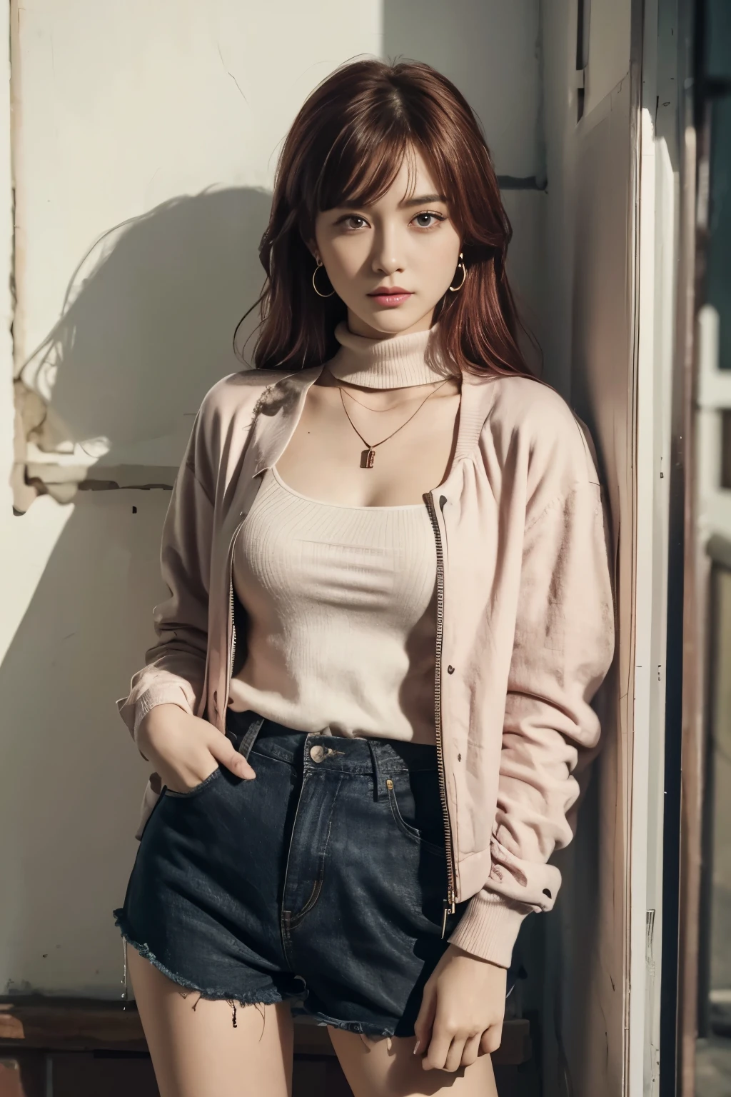 (masterpiece, Highest quality, 1 girl, alone, Intricate details, chromatic aberration), Realistic, ((Medium breath)),Long Hair, Redhead, Red ornament on head, pink highlights, Amber Eyes, Earrings, Sharp eyes, necklace, Neon Shirt, Torn shorts, Unbuttoned jacket, turtleneck, night, Against the wall, Brick wall, graffiti, Dim lighting, alley, View your viewers