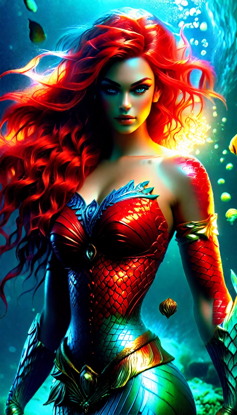 (((Sensual, fuerte, atractivo, maciza, poderoso, piel bronceada hembra, sirena,)))( cabello rojo rizado, flequillo, Cabello largo, (ojos verdes, Cara escultural de forma oblargoa,ojos vivaces, tono, Physical hourglass, largo, piernas tonificadas.) Disparo del personaje (Obra maestra), (Ultra detallado), (Detalles perfectos), (extremadamente fino y hermoso), Cara hermosa, Hermosos ojos, (Cara detallada, ojos detallados), Labio detallado, piel brillante, piel grasa, cabello brillante, sense of depth, Profundidad de campo, Dynamic Angle, paisaje, Dramatic lighting, volumetric illumination, Hora dorada, peligroso::2 (Muchos peces), Ocean scene, Submarino, ,(ciencia ,fantasy),((magica, Futuristic fantasy))