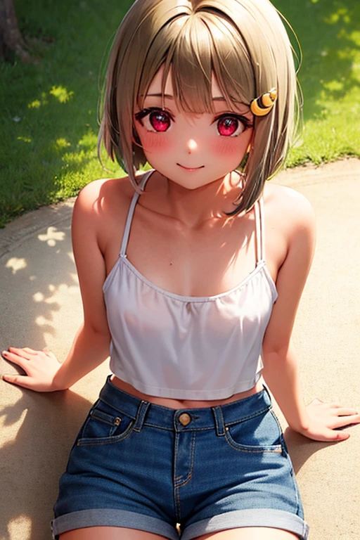 One Girl, Cowboy Shot, High resolution, smile, Highest quality, masterpiece, Tan Hair，Bobcut，short hair，ワンレングスBobcut，Asymmetrical hair，Long left bangs，Red Eye,nakasu kasumi，Denim shorts，Red and white striped patternＴshirt，Modest size chest，Crescent-shaped hair ornament on the left，Outdoor，whole body