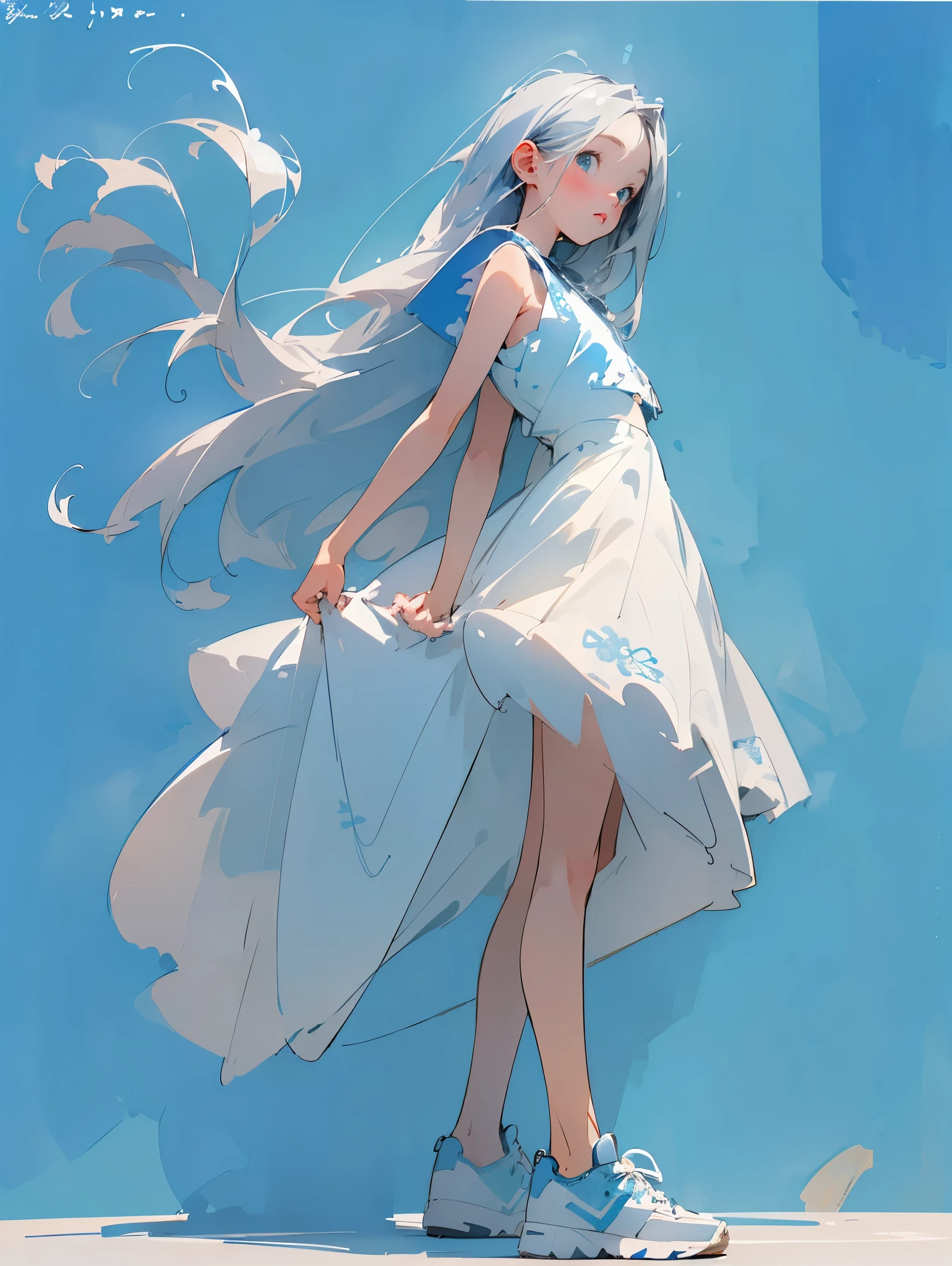 (Blue background:1.3), (Blurred background:1.3), (Highly detailed:1.3), (Hard light, studio light, light rays, mottled light, reflection, shadow, ray tracing:1.0), (Rough sketch:1.5), (2D:1.3), Cute girl, blue background, anime illustration, realistic, watercolor style, long silver hair girl, long limbs, Sneakers,White Soap Bubbles,sneakers, white dress with floral pattern, standing