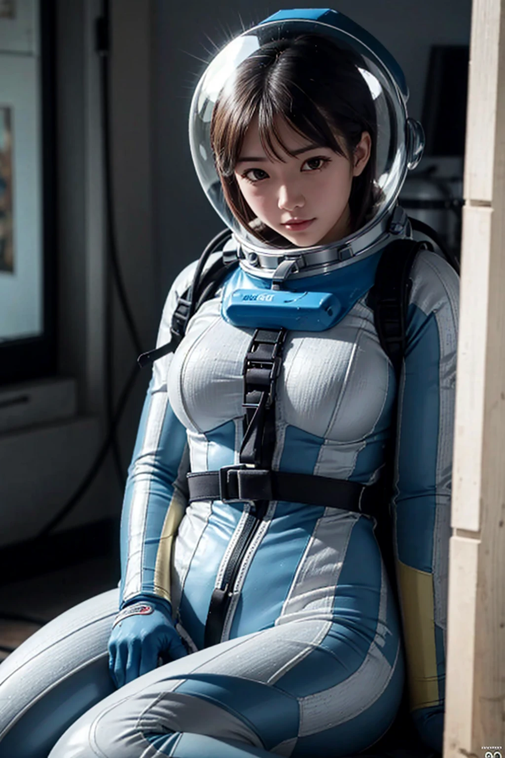 (8k, RAW photo, best quality, masterpiece), (photorealistic), outstanding details, ultra-high resolution, anatomically correct, textured skin, space helmet, helmet, bodysuit, diving lama
room, upper body
(Cute Japanese girl , 20-year-old),   sitting