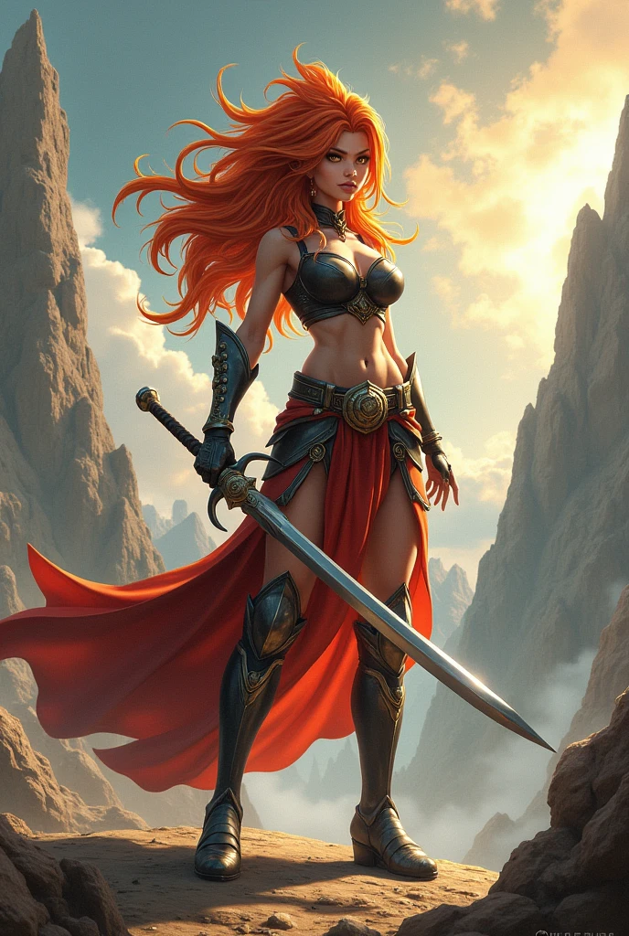 Barbarian Tall muscled defined woman, detailed armor, red and gold engraved leather armor, intricate designs on the armor, intricate armor engravings, imposing and powerful stance, fierce expression, red wild mane braided hair, dynamic pose, intense battle scene, fantasy setting, vibrant colors, dramatic lighting, epic atmosphere, mythical creatures in the background, magical effects surrounding the sword, attention to anatomy and facial features, iconic use of highlights and shadows, capturing emotion, masterful composition, portraying strong female characters. (best quality, 4k resolution, highres, ultra-detailed, photorealistic:1.37), HDR lighting, studio-quality rendering, professional-quality artwork based on yoshitaka amano work.