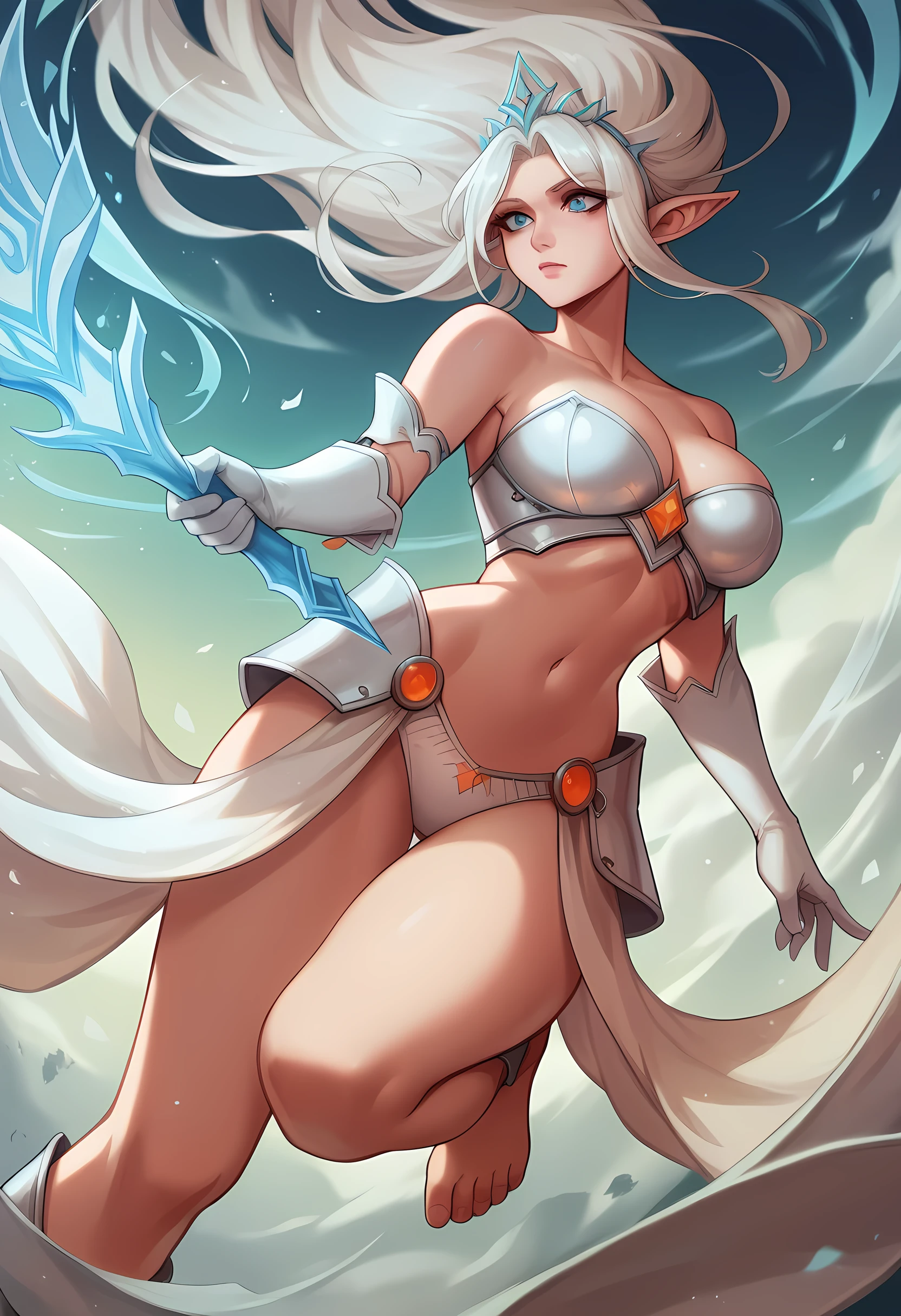 masterpiece, best quality, ultra-detailed, illustration, colorful, flat color, depth of field, 1girl, JannaLoLXL, blue eyes, white hair, long hair, floating hair, parted bangs, sidelocks, pointy ears, tiara, large breasts, white armor, orange jewelry, bare shoulders, cleavage, white midriff, navel, white elbow gloves, hips armor, panties, greaves, barefoot, huge breasts