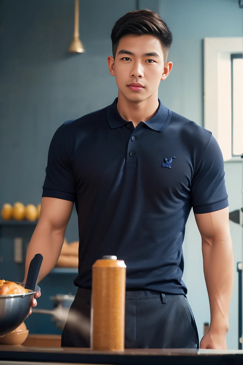 (armface:1.3) , Handsome young man standing, (have a mustache:0.8) , (short hair:1.2),(polo shirt:1.2), (Navy blue shirt:1.2),black pants, Big muscles, Handsome and muscular, full body angle, (Kitchen cooking:1.1) ,(Blurred background:1.5)