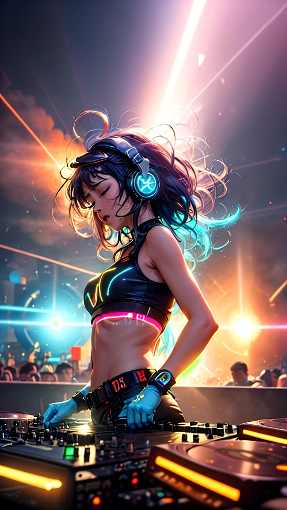 4K, ((very delicate)), realistic, a location that looks far away, 1 full body woman, (delicate face)), View from head to legs, big bust, wearing a bikini, well aware, cyber like background, neon sign, dance, center stage, glass floor, the lights shine, brown hair, blue eyes, Stand with your legs apart, Put your arms down between your legs., looking straight at her, Sensual pose, Looking up from underneath the glass floor.