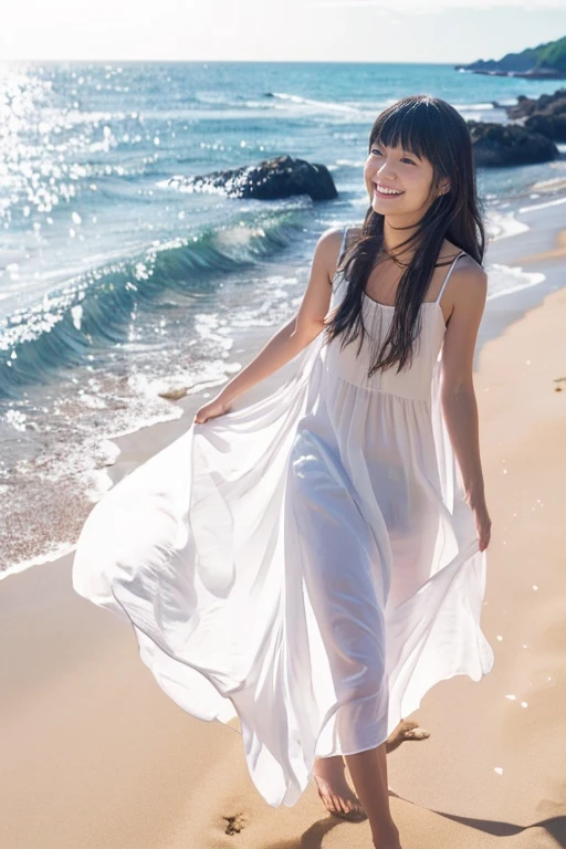 Real Photo,High resolution, Anatomically correct, High detail, Highest quality, A 20-year-old pure Japanese woman, Gentle smile, White sleeveless long dress, , Late summer beach, Natural beaches, Blowing in the fresh breeze, Dramatic backlighting, Sparkling sunlight, Sparkling shoreline