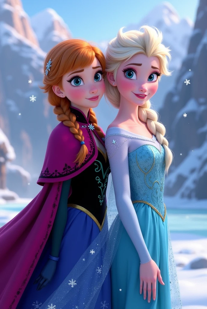 Elsa and Anna from Frozen, young, nude, legs spread, large, small waist, Pixar drawing, smiling, at Disneyland waving to people, ultra-detailed, masterpiece, volumetric lighting.