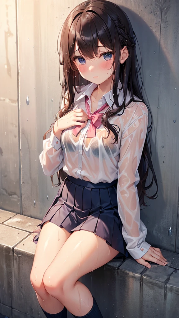 very beautiful Japanese woman, 18 years old, 1girl, very beautiful face, Japanese school uniform, (translucent white shirt), (shirt that is wet with so much water that it is almost transparent:1.7), red bowtie, (skirt lift), pink panties, pink lace lingerie panties, (pink bra is clearly visible under the shirt), sitting on a table, bathroom, plaid skirt, pleated skirt, black hair, whole body, well-proportioned eyes, smiling face, detailed, 8k, natural light, professional lighting, masterpiece, top quality illustration, high resolution,
