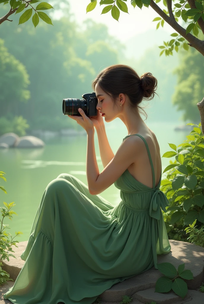 The image shows a girl lying on the grass in a field, looking into a round mirror. The mirror has a wooden frame and is surrounded by trees. The girl is wearing a blue dress and has her hair up. The trees in the background are green and the sky is visible.