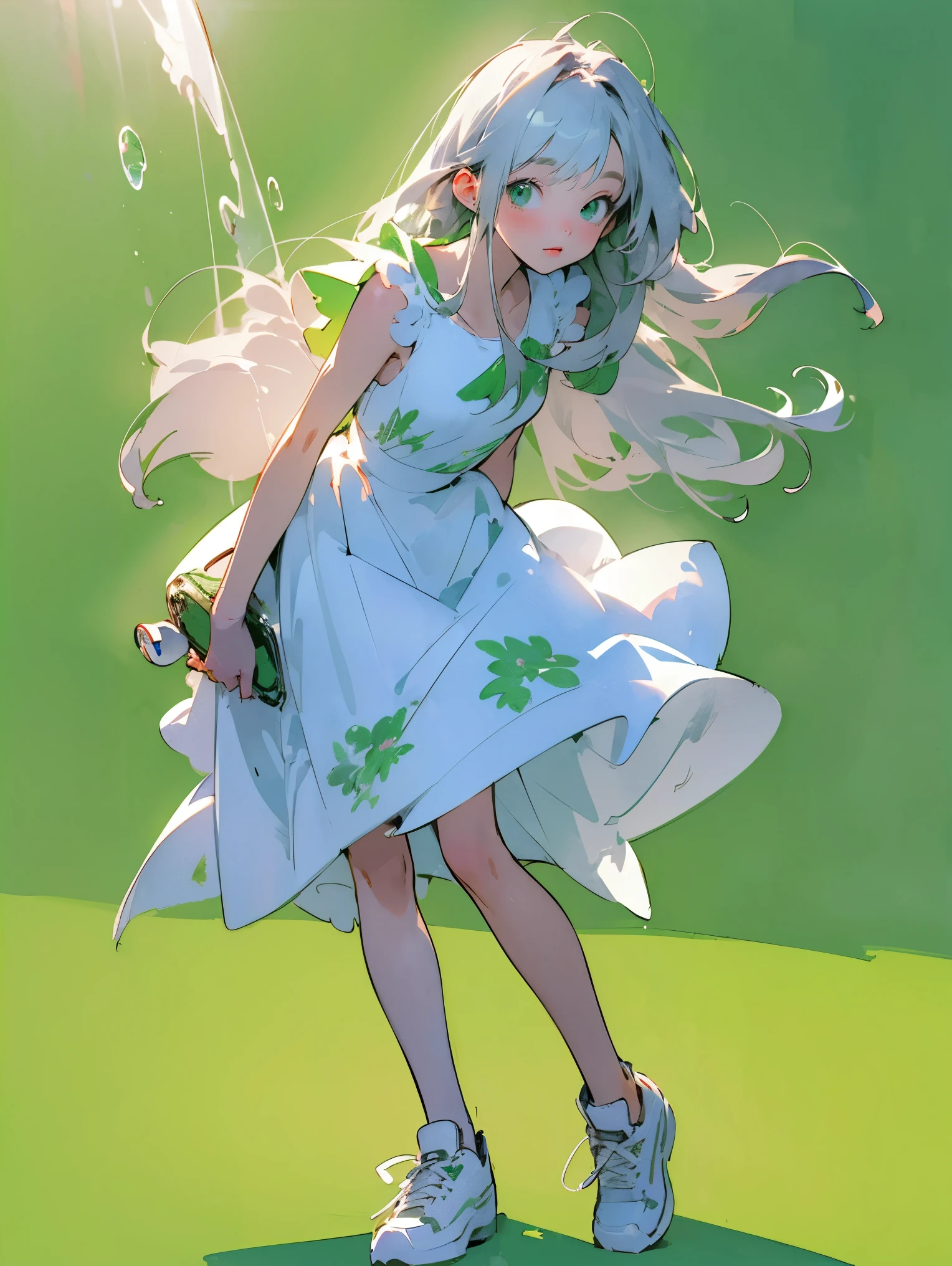 (Green background:1.3),(Blurred background:1.3),(Highly detailed:1.3),(Hard light,Studio light,Light rays,Dappled light,Reflections,Shadows,Ray tracing:1.0),(Rough sketch:1.5),(2D:1.3),Cute girl,Green background,Anime illustration,Realistic,Watercolor style,Long silver hair girl,Long limbs,Sneakers,White soap bubbles,Sneakers,White dress with floral pattern,Standing.