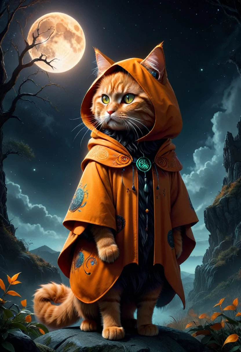 a fluffy orange cat, surreal landscape with full moon, hooded silhouette with faceless features, silhouette accentuated with glowing glyphs and symbols, large hooded character with long claws, dramatic lighting, fantasy, cinematic, moody, dark, mystical, magical realism, atmospheric, vibrant colors, detailed textures, depth of field, photorealistic, 8k, highly detailed, masterpiece